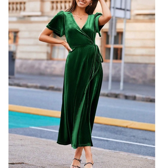 Classic Solid Velvet Wide tie Puff Shoulder Sleeve Party Evening Dress - Picture 6 of 10